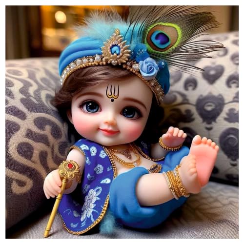 Image of Akki Wold Blue Eyes With Blue Dress Kanha Wall Poster For Living Room, Office, Pooja Room (Size - 41CM X 41CM)