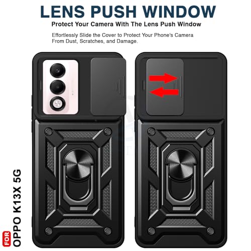 Image of AESTMO Tough Armor Oppo K13X 5G Bumper Back Case Cover | Ring Holder & Sliding Camera Shield Cover | 360 Degree Protection Back Case Cover for Oppo K13X 5G (Black)