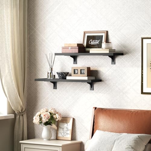 Image of HOOBRO Floating Shelves for Wall, 15.4 inch Wall Mounted Shelves Set of 2, Hanging Storage Shelf with Metal Brackets, Wooden Shelf for Living Room, Bedroom, Bathroom, Black BK42BJP201G1