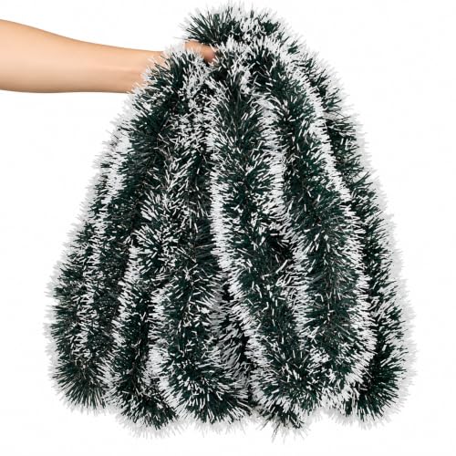 Lush Christmas Tinsel Garland, Dark Green & White Radiant Metallic Twist Streamers for Holiday Decor, Plush & Full Xmas Tree Garland for an Elegant Festive Atmosphere, Indoor & Outdoor Party Supplies