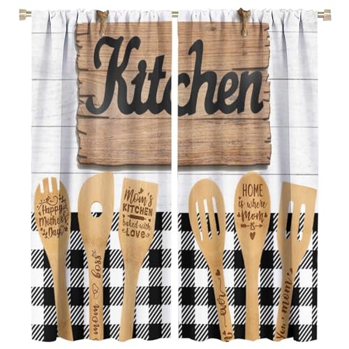 Rustic Kitchen Curtains Farmhouse Country Buffalo Plaid Wooden Plank Funny