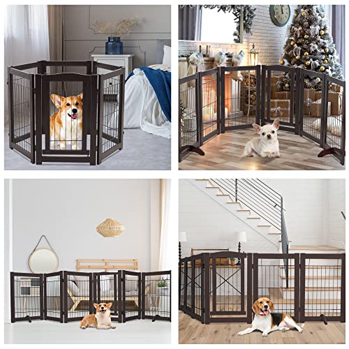 Simflag Freestanding Dog Gates With Door For The House 6 Panels Extra Wide Dog Gates For Doorways, Wooden Wire Dog Fences Indoor With 2 Support Feet, 122" W X 30" H Pet Gates For Dogs, Espresso #TOP1