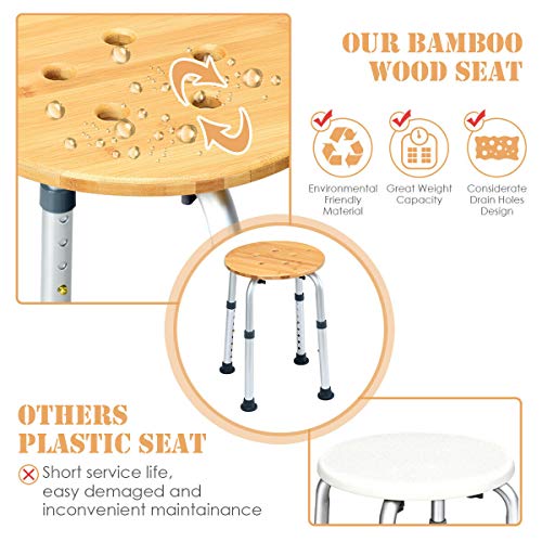 Giantex Bamboo Shower Seat Bench Round Shower Seat W/Slip-Resistant Rubber, Waterproof Surface Bathroom Organizer Bathroom Shower Stool #TOP4