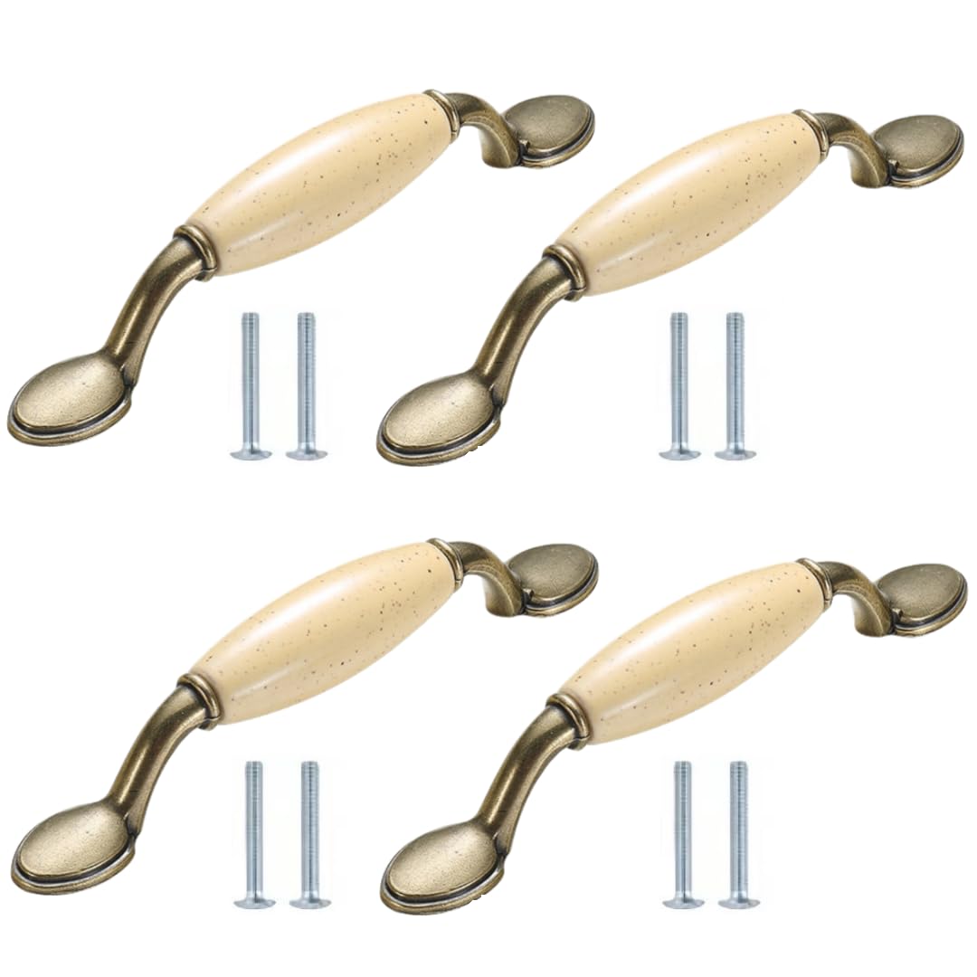LQZAXSRDR Ceramic Cupboard Drawer Handle Knobs, Beige Ceramic Door Knobs, Zinc Alloy Cabinet Handles, Pack of 4, 140-155x32-40mm(145 * 32mm)