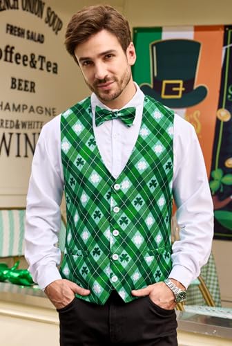 Arvilhill 2 Pcs Mens St Patrick's Day Vest Suit Bow Tie Irish Shamrock Outfit (S-XXL)2