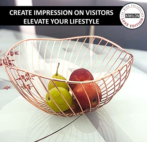 Image of Rose Gold Fruit Basket for Dining Table | Electroplated Iron Wire Basket for Fruits, Vegetables & Snacks | Decorative Storage Bowl for Kitchen Counter & Home Decor