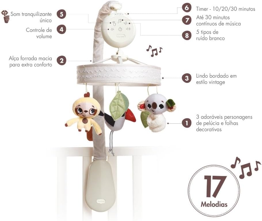 Diagram of Tiny Love Boho Chic Musical Mobile features and control panel.