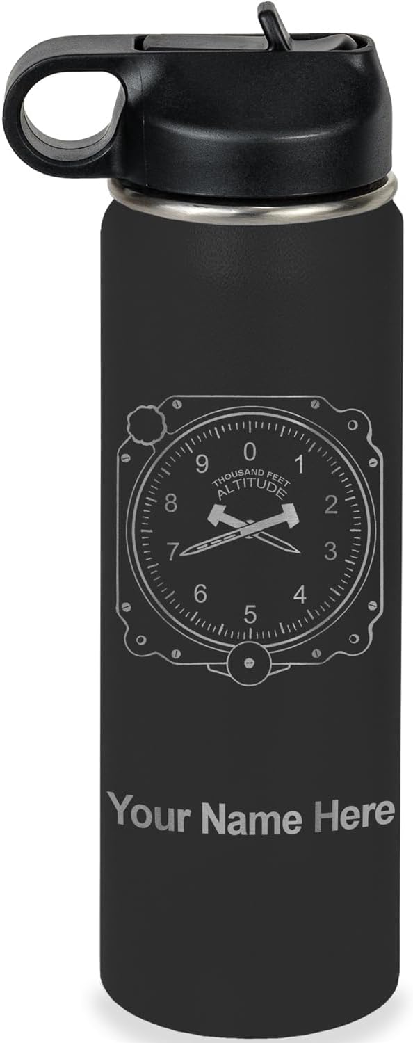 LaserGram Personalized Water Bottle, Airplane Altimeter, Stainless Steel Double Wall Vacuum Insulated with Flip Top Straw, Custom Engraved Gift (20oz / 590ml Black)