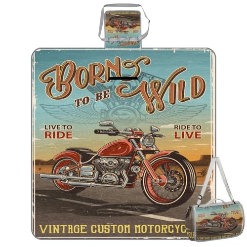 Shimoshe Picnic Blankets 57”x 59”, Vintage Motorcycle Waterproof Sandproof Picnic Mat Lightweight Foldable Beach Blanket for Camping Park Grass Beach Outdoor Blanket
