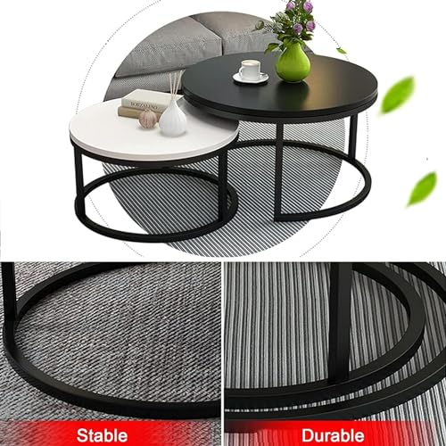 Image of Two-Piece Marble Look Coffee Table Set, top end Side Table, Metal Frame Cocktail Table, Nesting Tea Table, and Home Furniture Size for Living Rooms (Black & White)