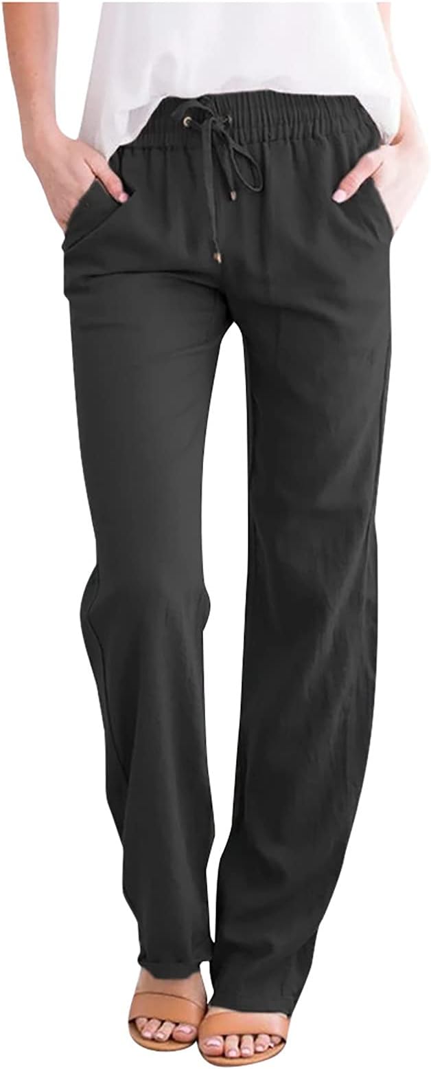 LRMQSWomens Casual Linen Pants 2024 Spring Drawstring Elastic Waist Trousers with Pockets Lounge Fashion Vacation Clothing