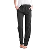 Linen Pants for Women Elastic High Waist Lounge Beach Summer Pants Loose Fit Casual Straight Leg Trousers Pockets