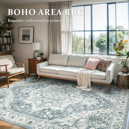 Deerly Large Washable Area Rug 8x10 for Living Room Bedroom Boho Vintage Oriental Rug for Dining Room Non-Slip Soft Low-Pile Farmhouse, Canal Blue/Multi