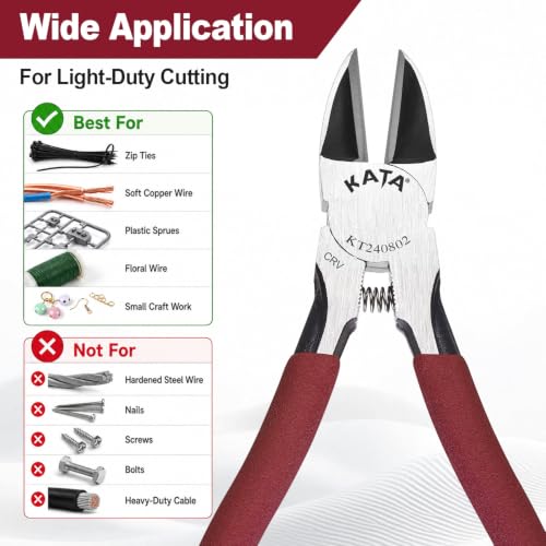 Image of KATA 6 Inch Wire Cutters, Flush Side Cutters for 12 AWG Soft Wire, Crafting | Spring Loaded Metal Snipper, Diagonal Cutter Plier for Jewelry Making, Zip Ties, Floral Wire, Plastic Sprues, Home DIY Repair