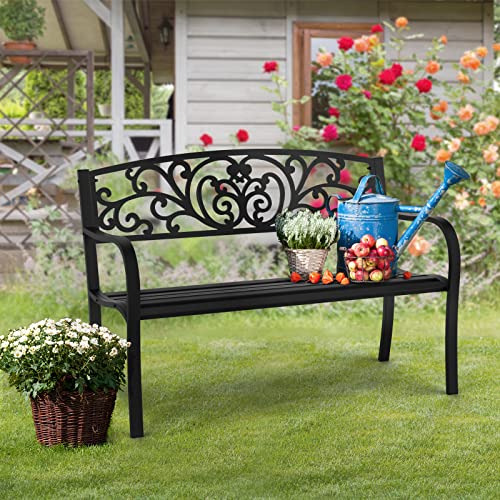 Image of VINGLI Outdoor Bench for Patio Metal Garden Bench w /PVC Back Pattern, Black Park Benches Front Porch Benches for Yard Lawn Decor Deck Entryway (Black-Floral)