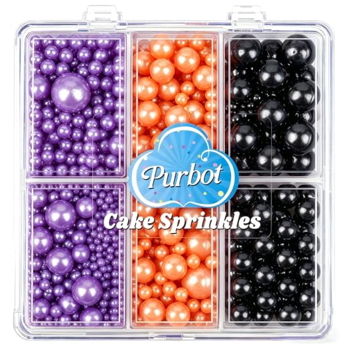 Image of Pearl Sprinkles for Cake Decorating, 4 Sizes Sugar 130g /4.6oz, Cupcake, Ice Cream, Donuts, Macaron Toppings Supplies (2mm, 4mm, 7mm, 1cm) (Purple Orange Black)