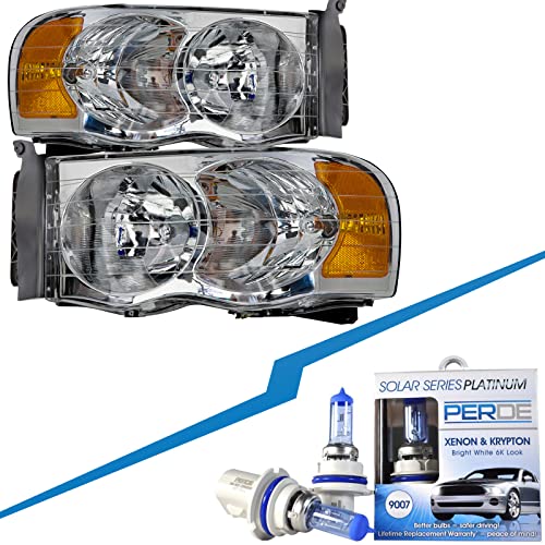 HEADLIGHTSDEPOT Chrome Housing Halogen Headlights Compatible with Dodge Ram 1500 2500 3500 Includes Left Driver and Right Passenger Side Headlamps with Bulbs
