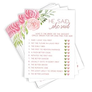 Printed Party Bridal Shower Games–He Said She Said Game with Fun Bride and Groom Trivia Wedding Shower Activity Pink Floral Design 50 Guests