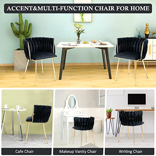 Nioiikit Modern Velvet Dining Chairs Set Of 2 Hand Weaving Accent Chairs Living Room Chairs Upholstered Side Chair With Golden Metal Legs For Dining Room Kitchen Vanity Living Room(Black) #TOP5