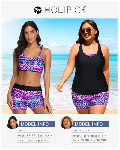 Image of Holipick 3 Piece Tankini Swimsuits for Women Tummy Control Bathing Suits Swim Tank Top with Bra Boy Shorts Teen Swimwear 2026