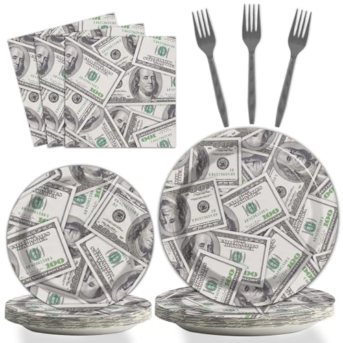 96 Pieces Money Hundred Dollar Bills Supplies One Hundred Dollar Birthday Party Tableware Set Bill Dinnerware Decorations for Adult Teens Kids Dollars Bill Disposable Paper Goods 24 Guests