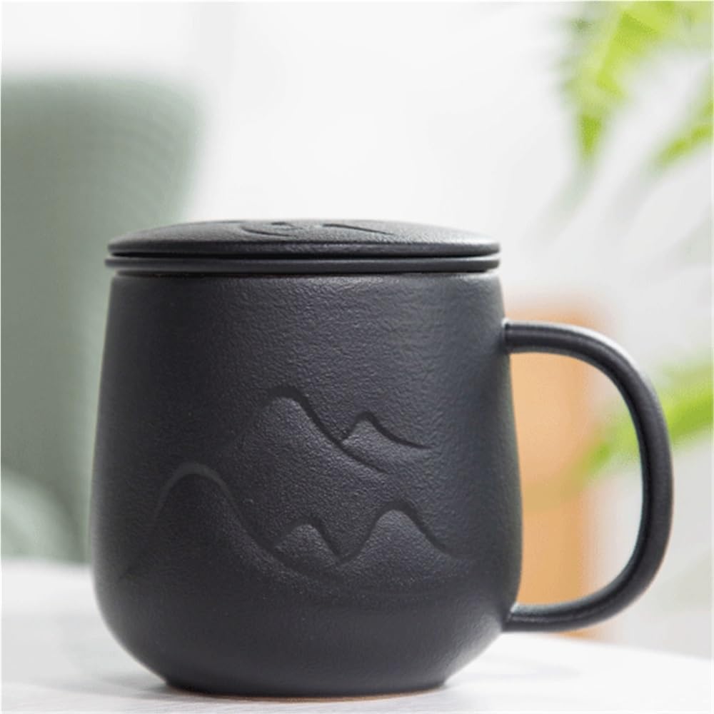 Tazas Taza con Tapa, Juego de 1 Taza café cerámica Filtro Interior, Capacidad 11.84 oz for la Oficina o for Regalar a Personas Mayores Tazas de Café(Negro)