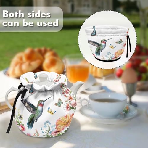 Image of Hummingbird Butterfly Tea Cosy, Scratches-Proof Insulated Kitchen Teapot Dust Cover with Drawstring, Tea Pot Cozy Breakfast Warmer for Home Kitchen Table Decoration