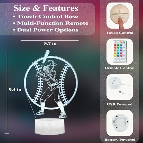 Image of Baseball Gifts for Girls, Softball Night Light, 3D Illusion Lamp with 16 Colors Changing, Timer, 4 Flash Modes and Dimmable, Accessories Stuff for Room Decoration, Kids Girls Holiday Xmas Gifts