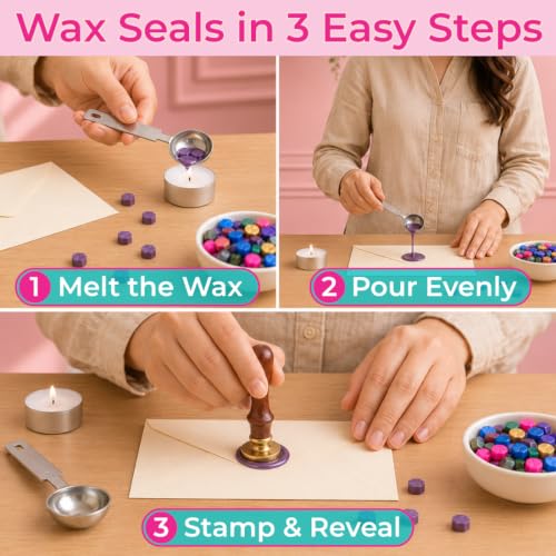 Image of Oytra Wax Sealing Kit with 100 Wax Beads Octagon Shape, 1 Heating Spoon 5ml and 2 Candles for Stamping Seals Retro Journaling Art Craft
