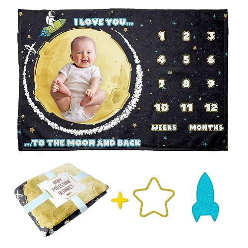 Image of Pavo Moon Space Milestone Blanket for Baby Boys - Includes 2 Exclusive Frames - Personalized Monthly Baby Milestone Blanket for Newborn Ultra-Soft and Cozy 60"x40" Keepsake