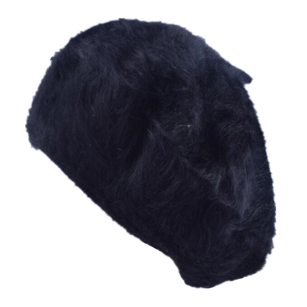 JOYHY Women's Fluffy Solid Classic French Style Beret Beanie Hat Black