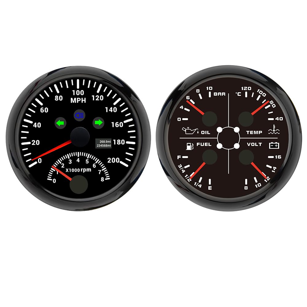 Medidor Tacómetro Voltímetro Medidor de Nivel de Combustible Odómetro 85 mm 2 en 1 GPS 200 mph con 8000 RPM con 4 en 1 10 Bar Presión de Aceite 12 V con