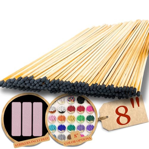 100 Count | 8' Black Tip Matches | Strikers Included | Color Tip Wooden Match | Extra Long Fireplace...