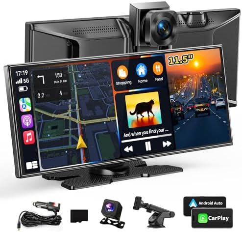 Largest 11.5" Portable Carplay Screen for Car, 4K Wireless Car Play & Android Auto, Upgrade Touchscreen with Dash Cam, App Control/Loop Recording/Backup Camera/Mirror Link/GPS/FM for All Vehicles