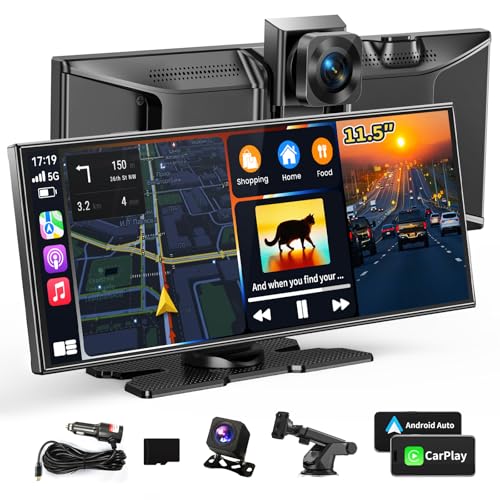 Largest 11.5" Portable Carplay Screen for Car, 4K Wireless Car Play & Android Auto, Upgrade Touchscreen with Dash Cam, App Control/Loop Recording/Backup Camera/Mirror Link/GPS/FM for All Vehicles