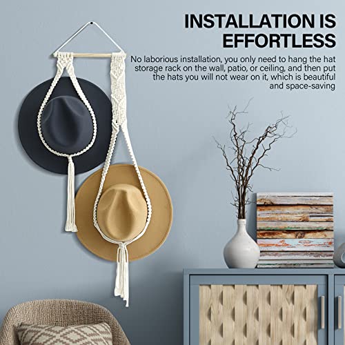 Geilihome Sun Straw Hat Rack,Bohemia Style Weaving Hat Hanging Organizer Wooden Handmade Cotton Thread Knitting Wide Brim Hat Display Hanger For Wall Door Storage Home Decoration (Df003+Gm001) #TOP2