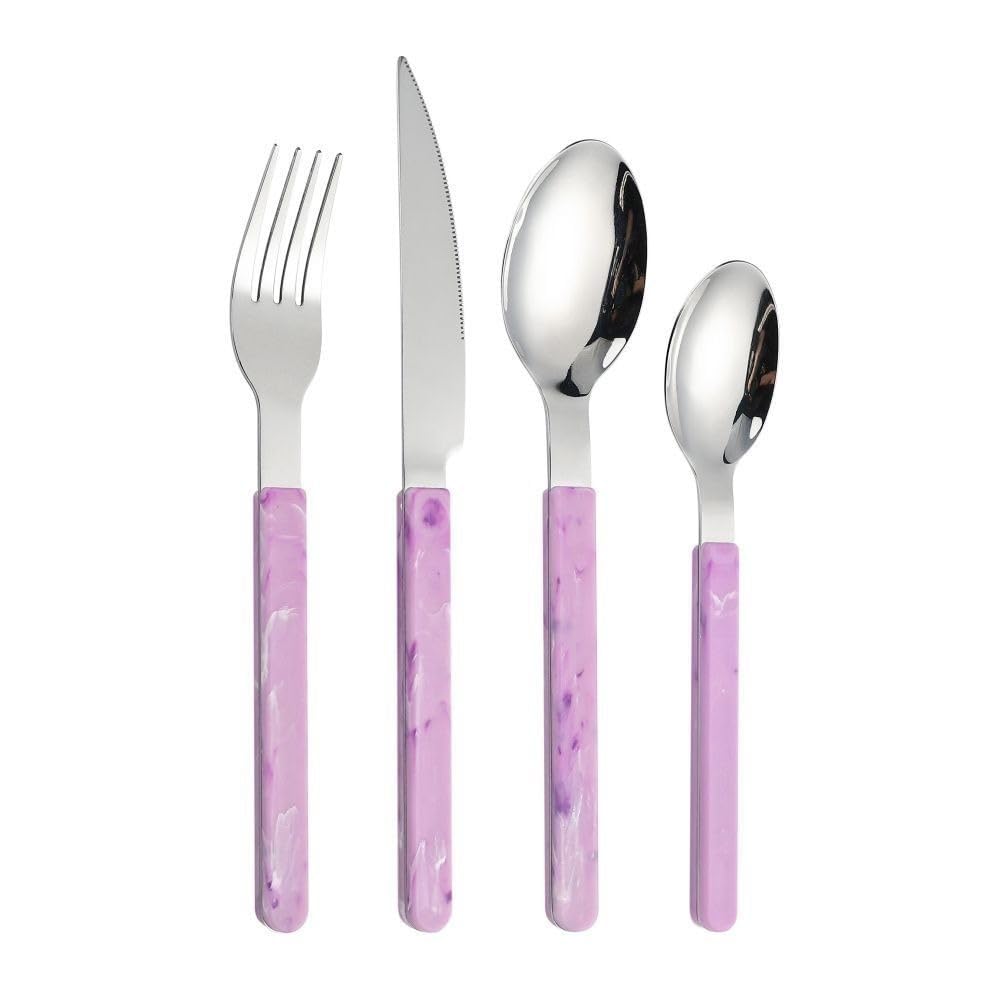 Royal Shang Youpin Retro Chinese Style PP Handle Kitchen Stainless Steel Silverware Tableware Flatware Cutlery Set Steak Knife Fork Spoon Teaspoon (Purple,4 pieces)