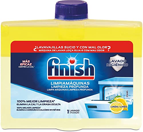 Finish Líquido para Lavavajillas, Limpia lavavajillas contra el mal olor, la cal y la grasa del lavaplatos, limpiador lavavajillas, 250 ml Limón, El embalaje puede variar