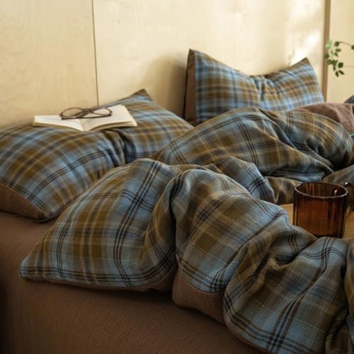 Image of LifeTB Vintage Buffalo Plaid Comforter Set King, Modern Style Blue & Brown Grid Bed Comforter with 2 Pillowcases, 3 Pieces Soft Fluffy Checkered Pattern Comforter Farmhouse Gingham Plaid Bedding Set