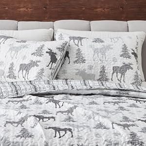 Lodge Bedspread Full/Queen Size Quilt with 2 Shams. Cabin 3-Piece Reversible All Season Quilt Set. Rustic Quilt Coverlet Bed Set. Wilderness Collection (Moose - Grey) Lodge Bedspread FullQueen Size Quilt with 2 Shams Cabin 3 Piece Reversible All Season Quilt Set Rustic Quilt Coverlet Bed Set Wilderness Collection Moose Grey