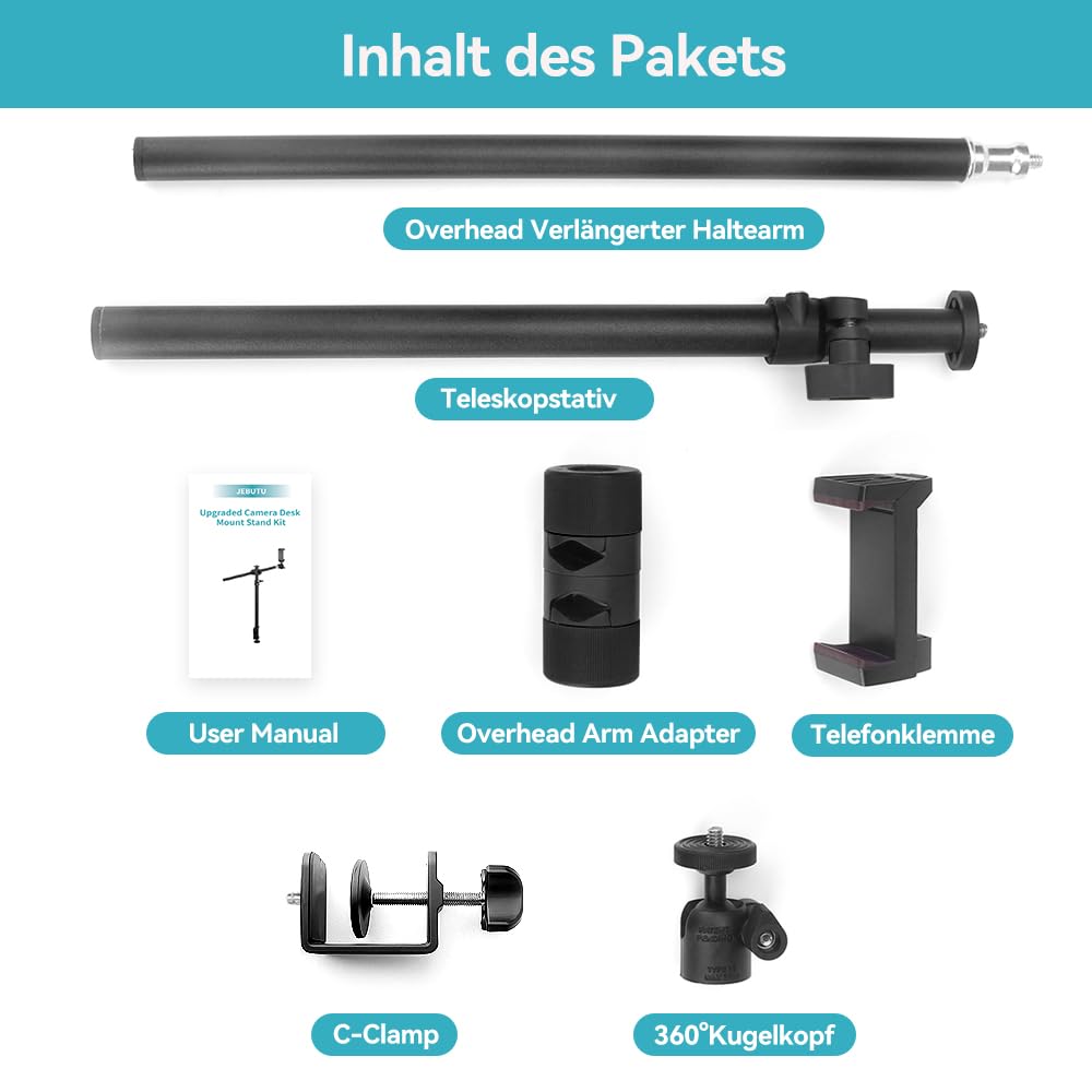 OS01 Tischstativ Overhead Stativ Handy, 32.5-55cm Einstellbar Kamera Halterung für Klein Kamera, klemmstativ mit Flexible Arm & 1/4" Kugelkopf für Webcam, Ringlicht, Live Streaming