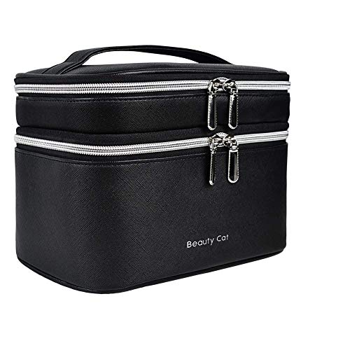 Travel Makeup Bag Double-Layer Portable Cosmetic Case Organizer with Mirror - Large Capacity and Removable Baffle for Women