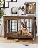 YaFiti Dog Crate Furniture with Cushion, Wooden Dog Kennel Indoor with Double Doors, Dog Cage with Wheels, Dog House Side End Table for Small Medium Dogs up to 45 lb, 32.5” L, Rustic Brown