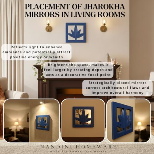 Image of Nandni Homeware Handcrafted Traditional Blue Leaf MDF Wooden Jharokha Wall Art with Mirror Work | Boho Vintage Style Decorative Wall Hanging for Living Room, Bedroom & Home Interiors (Blue Leaf)