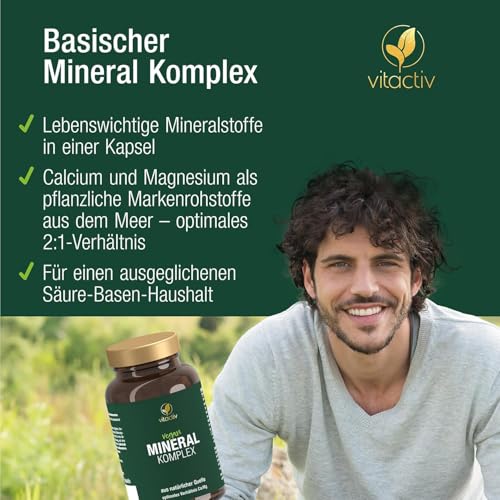 VITACTIV Mineral Komplex - Markenrohstoff Aquamin, Marines Calcium & Magnesium (2:1) - Basische Mineralstoffe & Spurenelemente mit Zink für Säure-Basen-Stoffwechsel - Vegan, Hochdosiert, 120 Kapseln