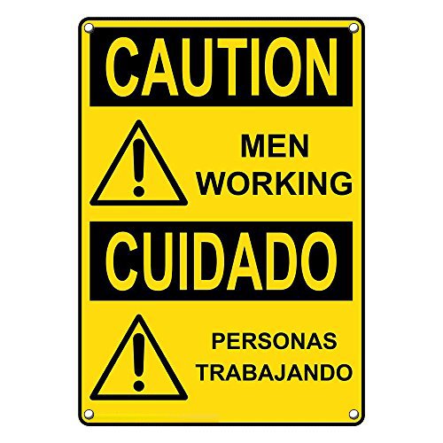 Weatherproof Plastic Vertical OSHA Caution Men Working - Personas Trabajando Sign with English & Spanish Text and Symbol