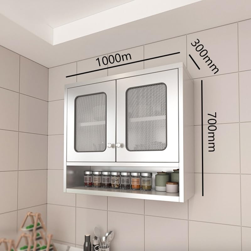 Küchenschrank aus Edelstahl, Wandmontage, mit verstellbaren Regalen, Doppeltür, Aufbewahrung, stilvolles silberfarbenes Design für Küche, Wohnzimmer und Badezimmer, 100 x 30 x 70 cm