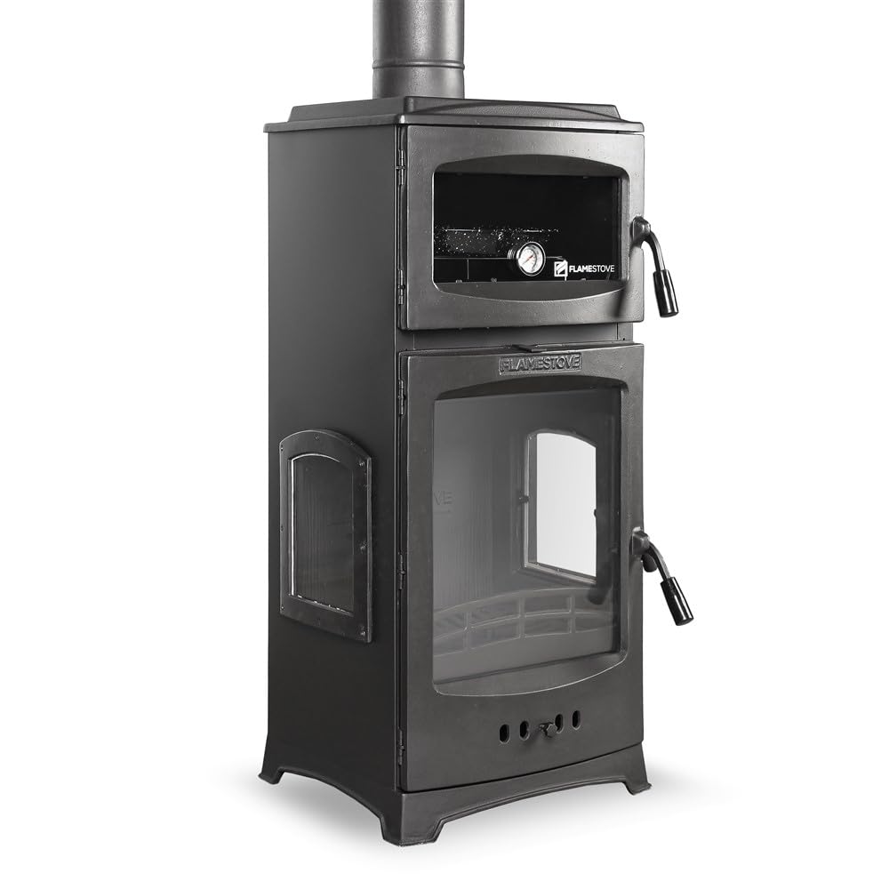 Poêle à bois en verre à 3 côtés avec porte latérale et poêle en fonte certifiée CE et EcoDesign 2022 avec four, combustion efficace du bois et du charbon, 8 kW, 82 kg