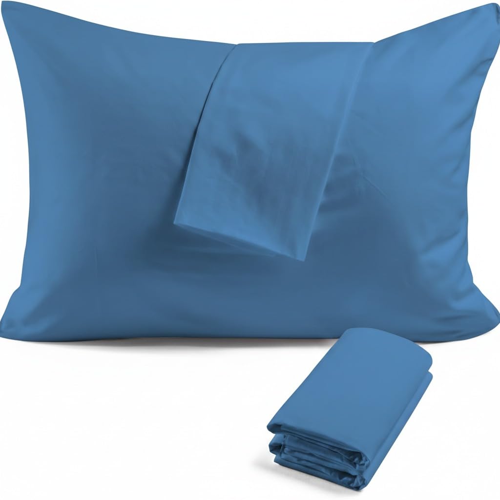 Toddler Travel Pillowcase 100% Soft Egyptian Cotton 500 Thread Count with Zipper Closure Travel Pillow Cover Set of 2 PC Decorative Pillow case 14x20 Inch, Medium Blue