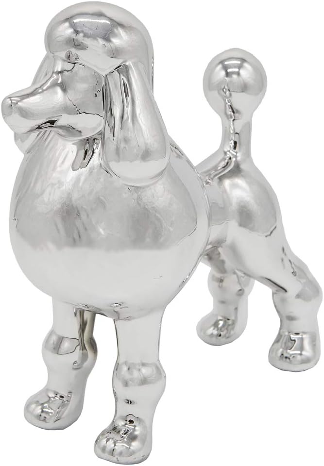 Ceramic Dog Statue Metallic Silver Standing Poodle Dog Statue